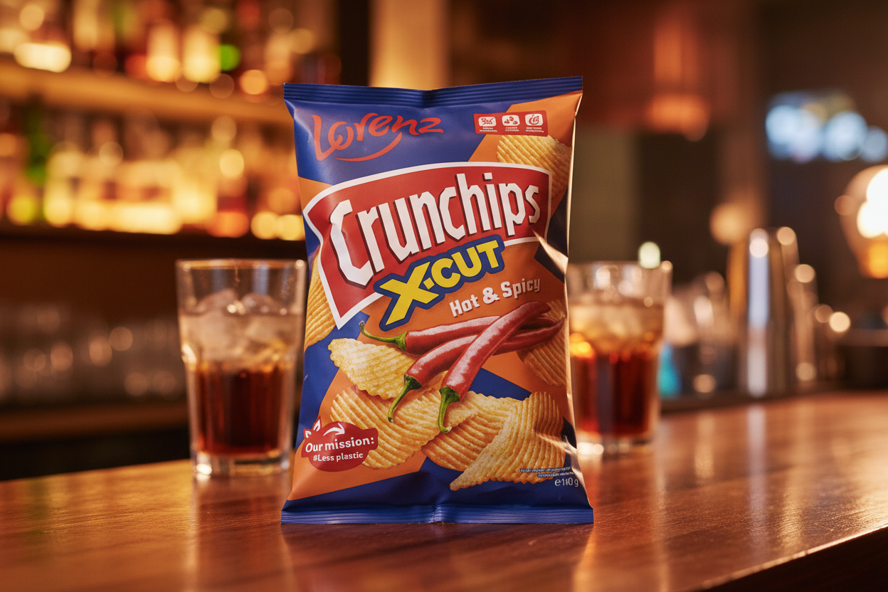 Lorenz Crunchips X-Cut Hot & Spicy chips on bar counter with cold drinks