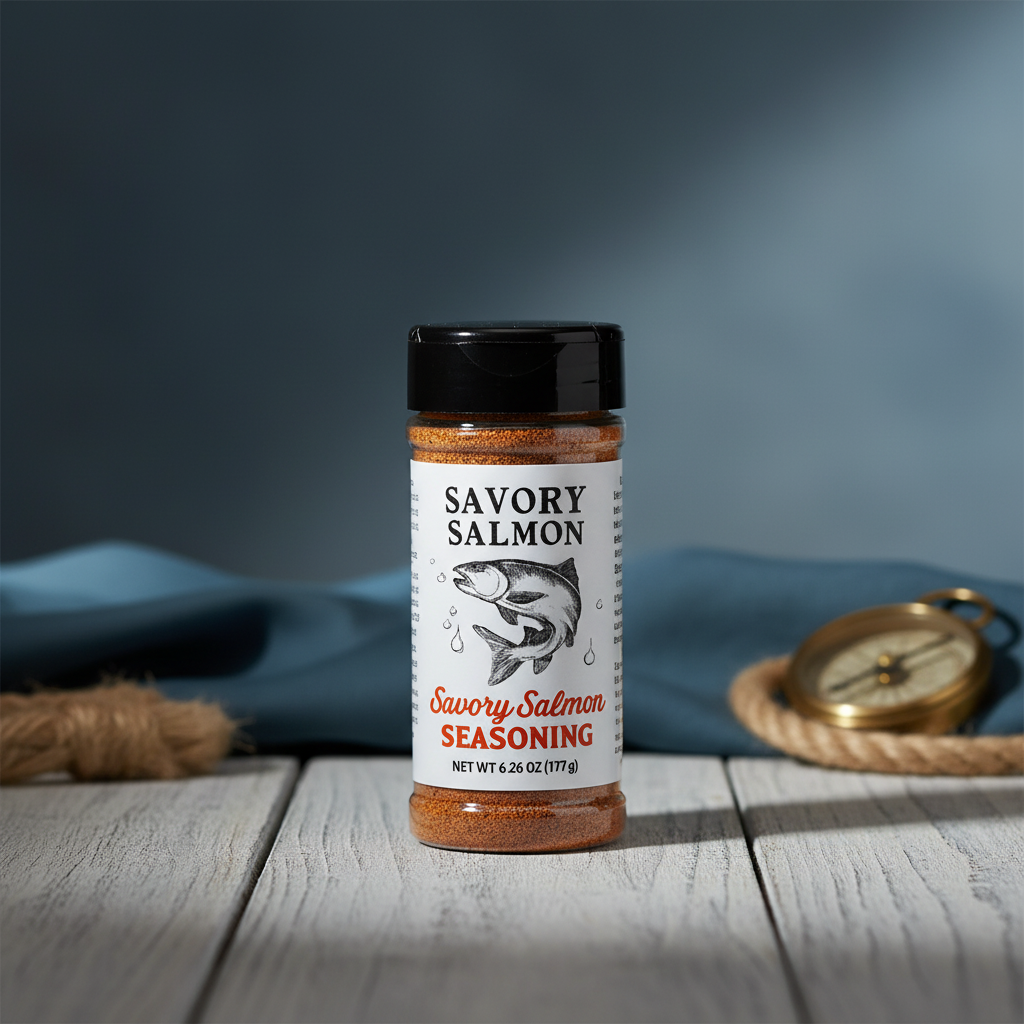 Braswell's Savory Salmon Seasoning jar with premium coastal background