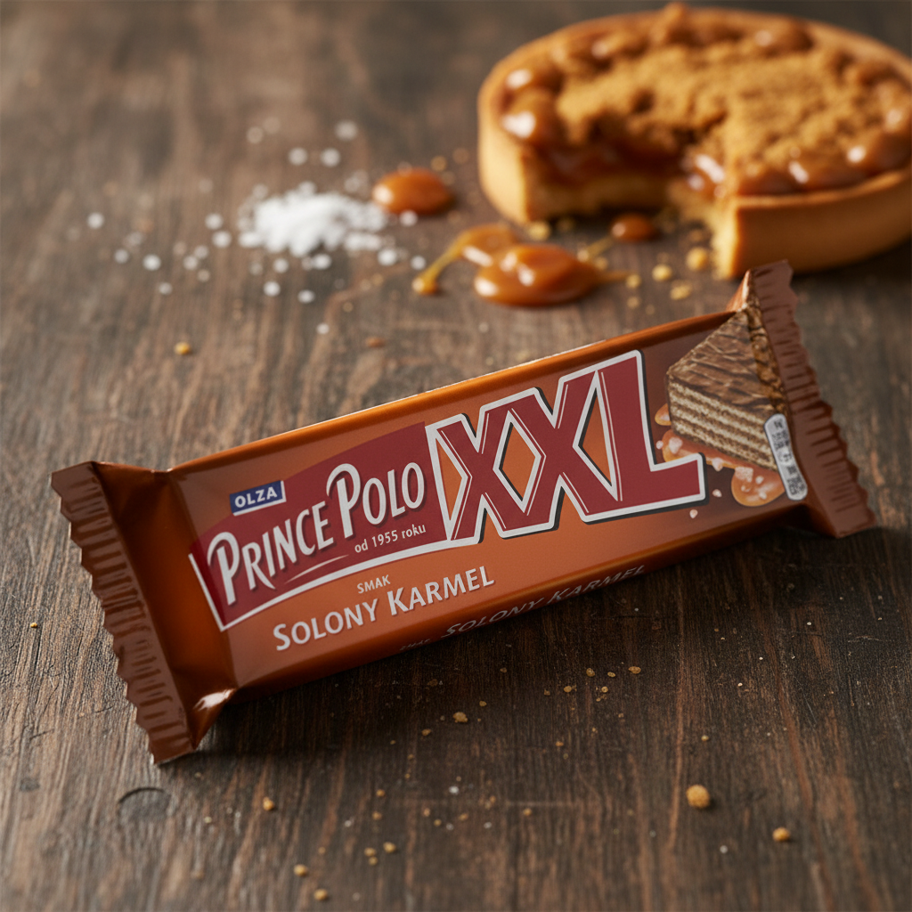 Prince Polo XXL Salted Caramel Wafer with realistic gourmet caramel background