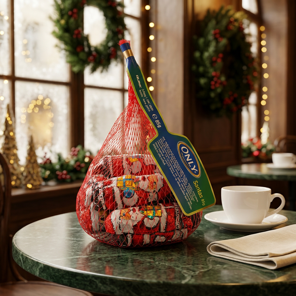 ONLY Christmas Santas gift bag in a festive cafe setting