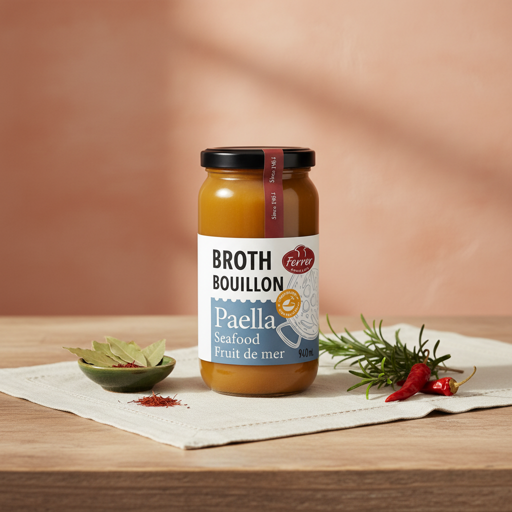 Ferrer Paella Seafood Broth jar with premium background