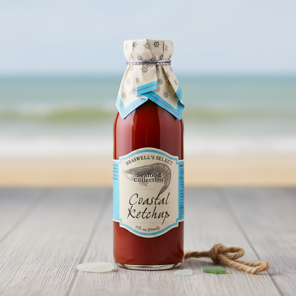 Braswell's Coastal Ketchup bottle with premium coastal background
