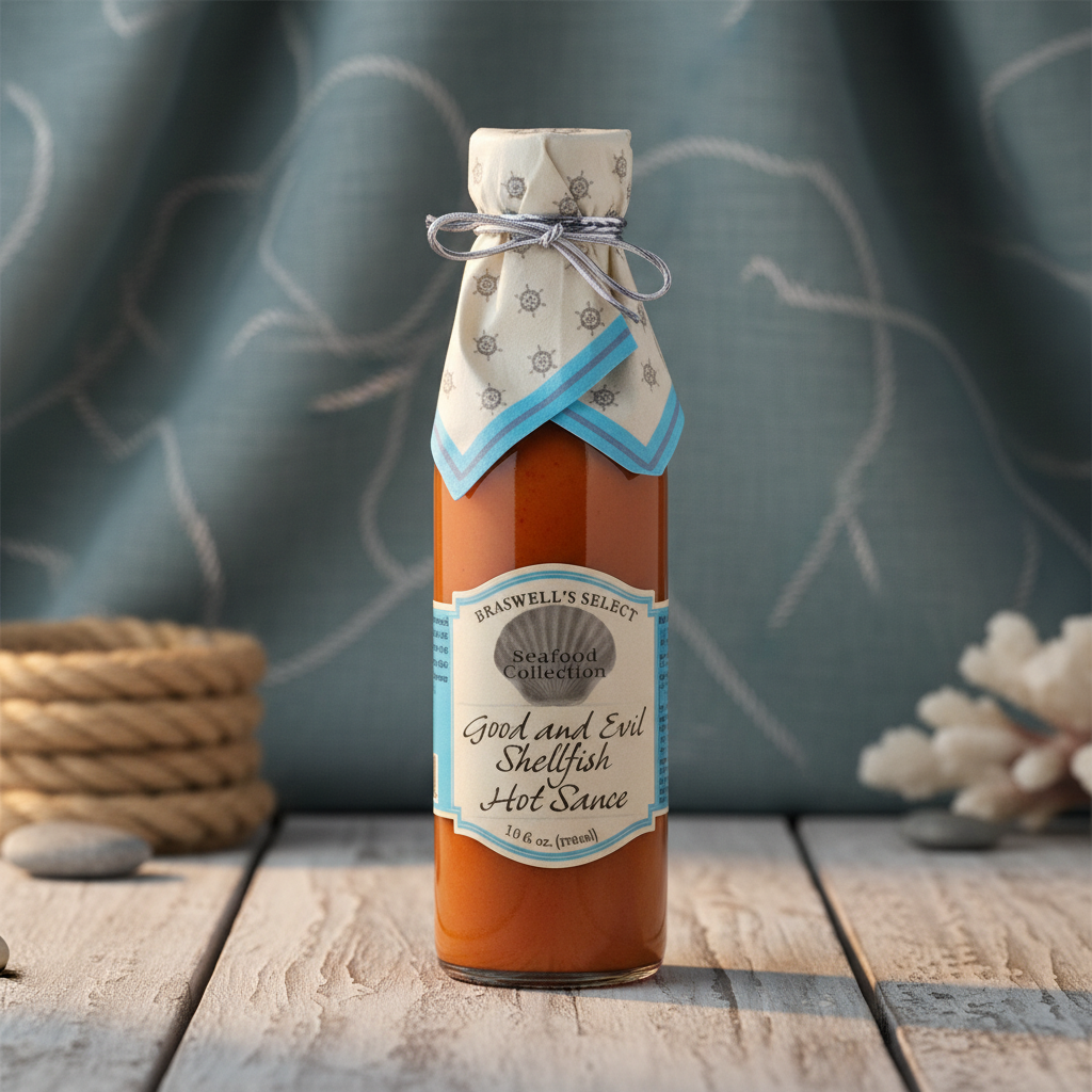 Braswell's Good and Evil Seafood Hot Sauce bottle with premium coastal background