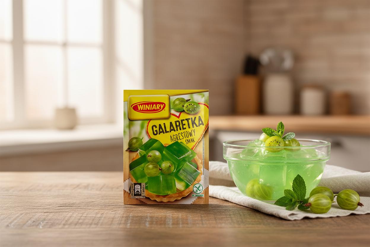 Winiary gooseberry jelly packet on a wooden table with a pale translucent green gooseberry jelly set in a glass dessert bowl with fresh green gooseberries and mint sprig alongside