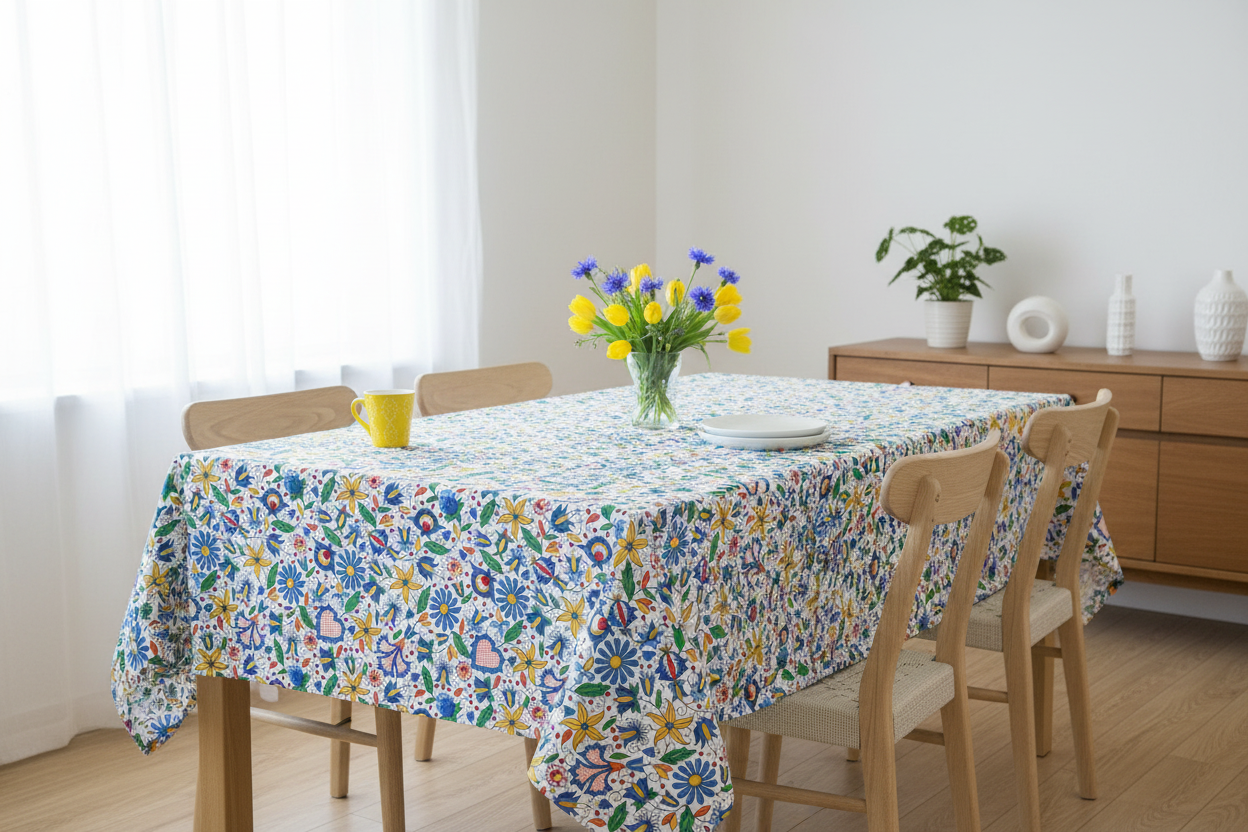 Folkstar Kashubian folk tablecloth draped over a wooden dining table with yellow mug and fresh flowers