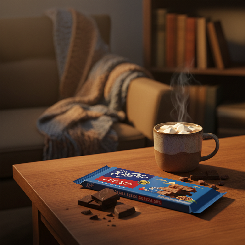 E. Wedel Lekko Gorzka 50% chocolate bar in a cozy reading nook with hot cocoa and cacao beans