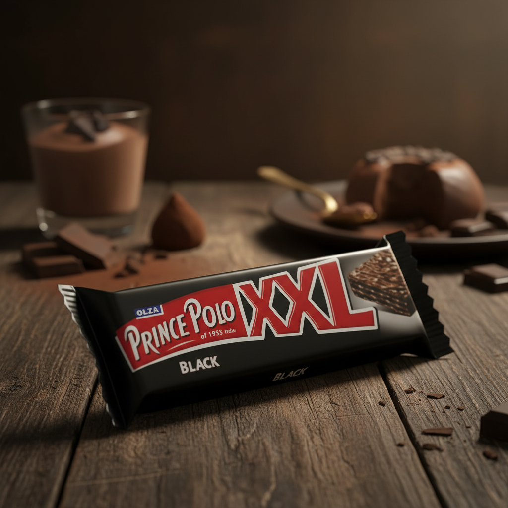Prince Polo XXL Black Chocolate Wafer with realistic dark chocolate lover's background