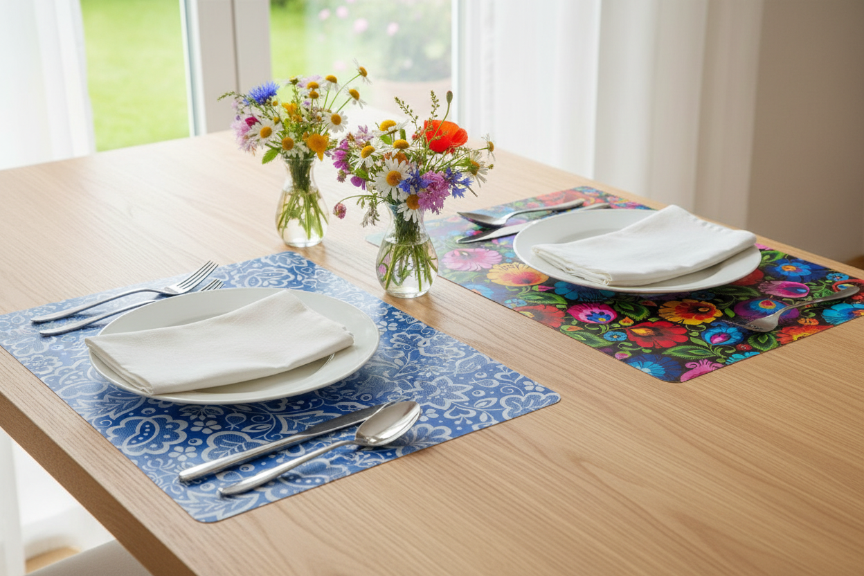Folkstar Kujawy blue and Łowicz black placemats set on a wooden dining table with white plates cutlery and wildflowers