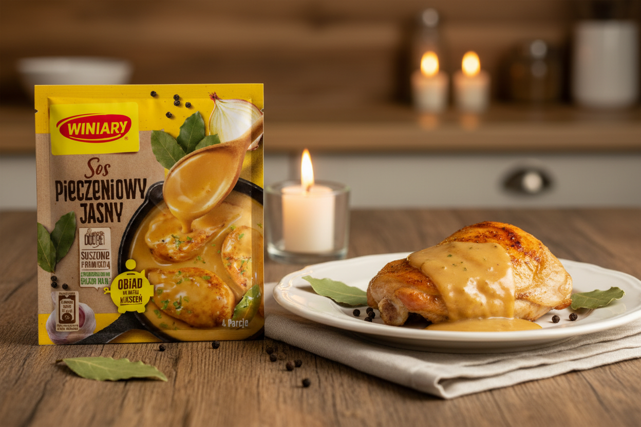 Winiary light roast gravy packet on a wooden table with roast chicken thigh on a white plate with rich golden light roast gravy poured over it and fresh bay leaves and black peppercorns alongside