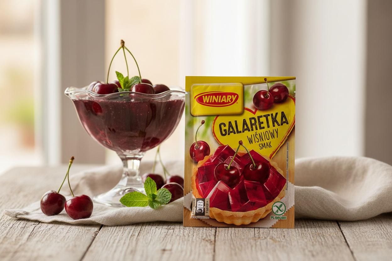 Winiary cherry jelly packet on a wooden table with a deep dark ruby cherry jelly set in a glass dessert bowl with fresh whole cherries with stems and mint sprig alongside