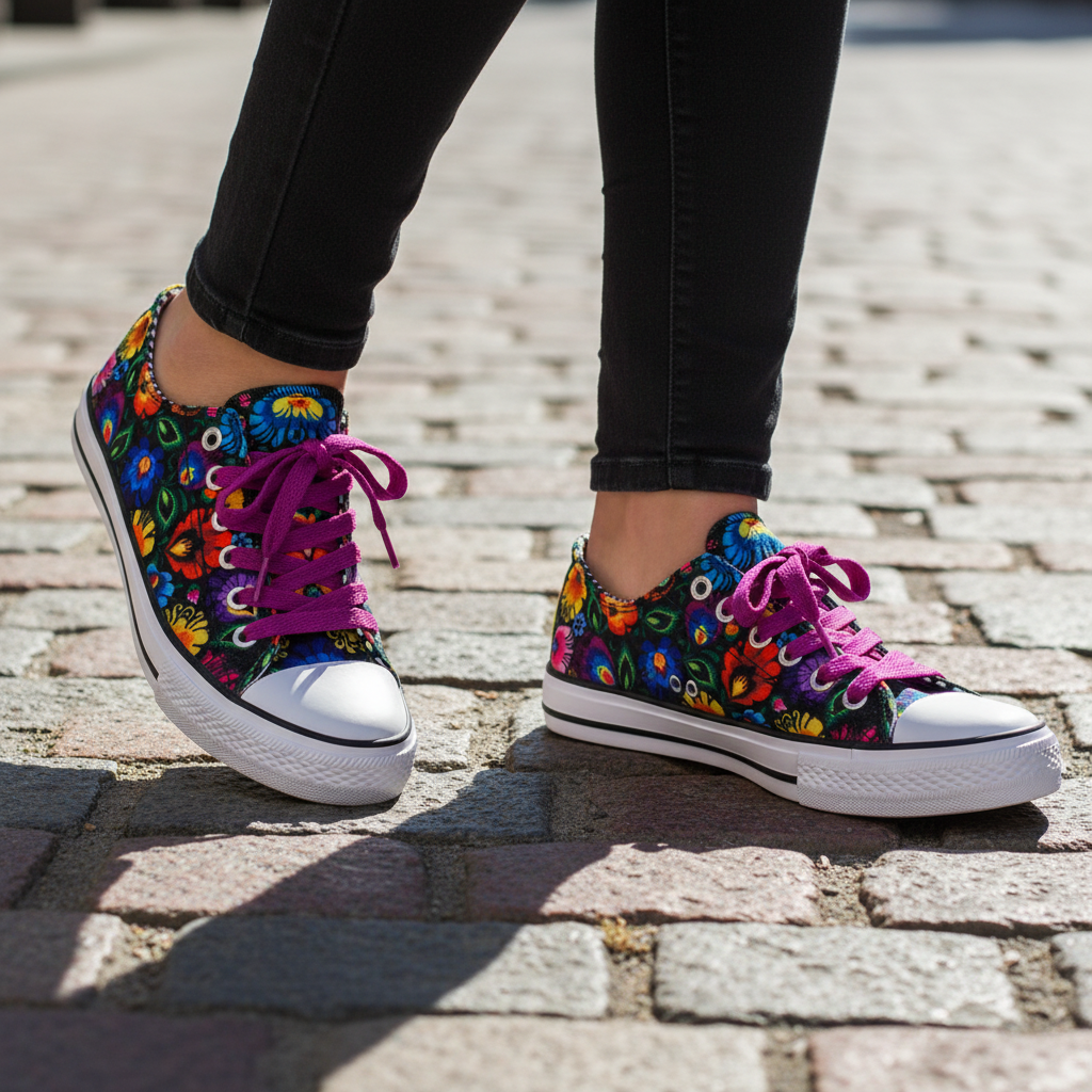 Folkstar Łowicz black folk sneakers close-up on cobblestone street