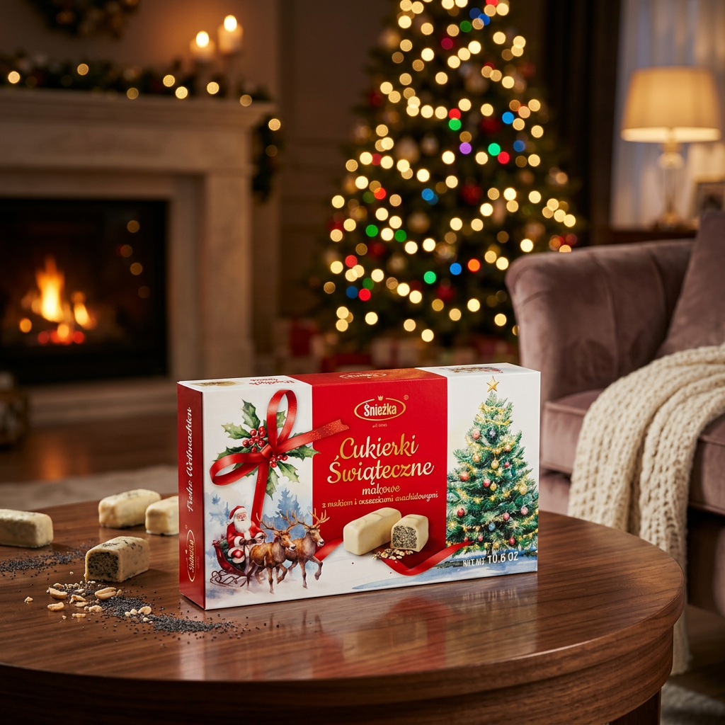 Śnieżka Christmas sweets box in a cozy holiday living room