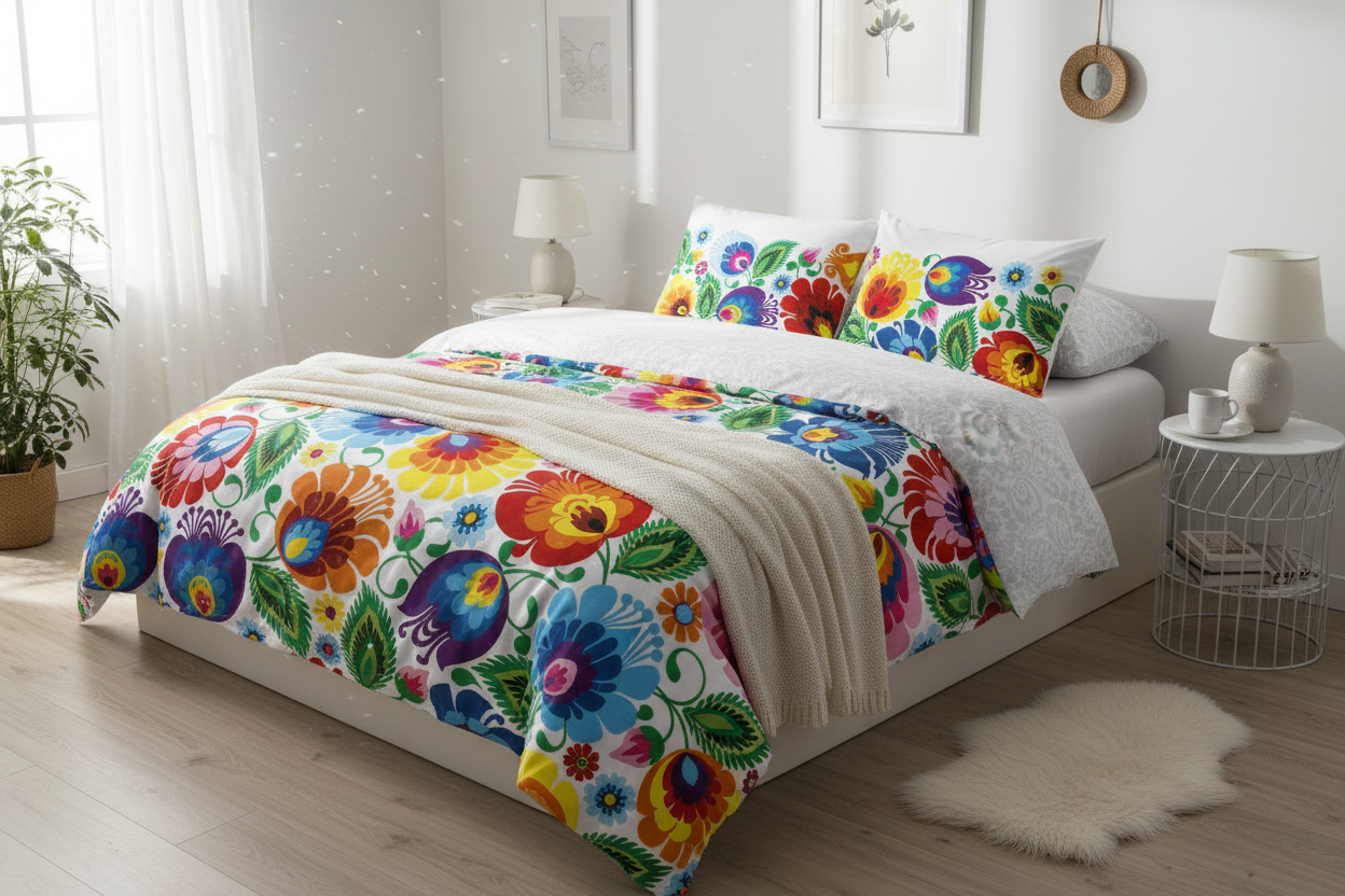 Bed dressed with vibrant Polish folk art Łowicz pattern bedding in a cozy elegant bedroom