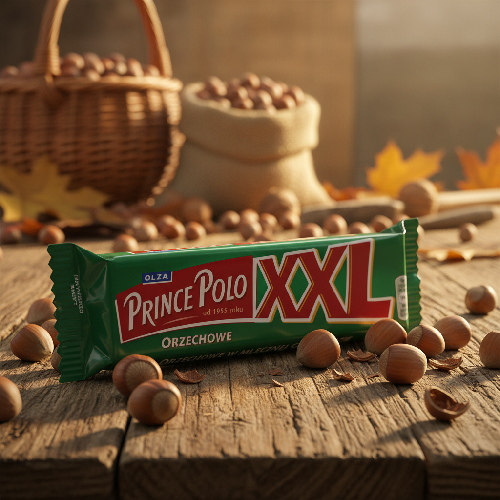 Prince Polo XXL Hazelnut Wafer with realistic autumn harvest background