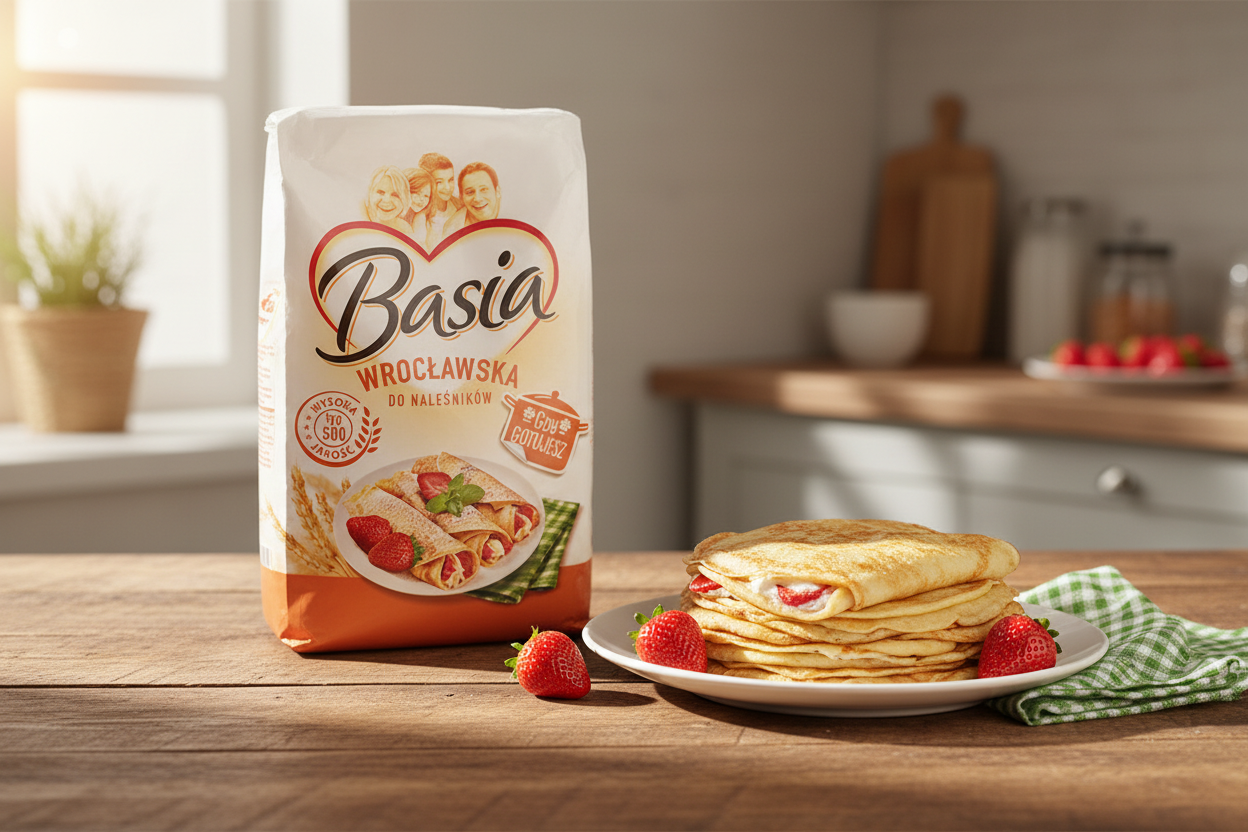 Basia Wrocławska crepe flour bag on a brunch table with golden Polish nalesniki filled with strawberries and cream