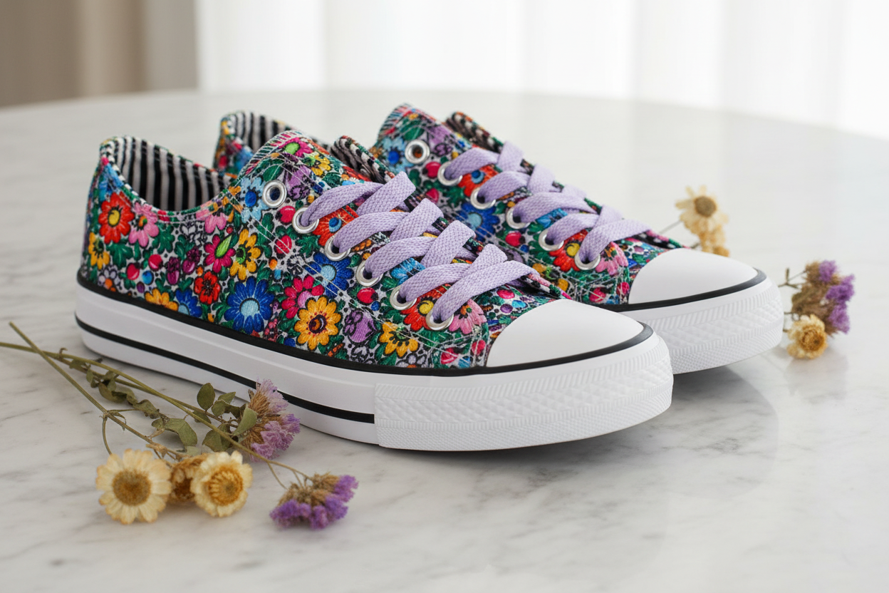 Folkstar Opole folk sneakers on marble surface with dried wildflowers