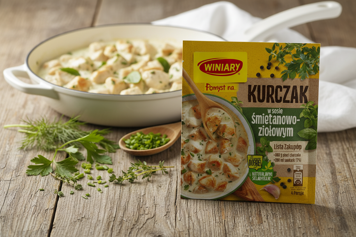 Winiary Pomyśl na chicken herb sauce packet on a rustic wooden table with creamy pale herb sauce with tender chicken pieces in white ceramic pan and fresh mixed herbs and wooden spoon alongside