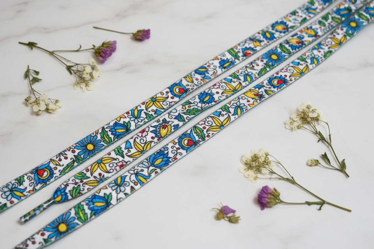 Folkstar Kashubian folk shoelaces laid flat on marble surface with dried wildflowers