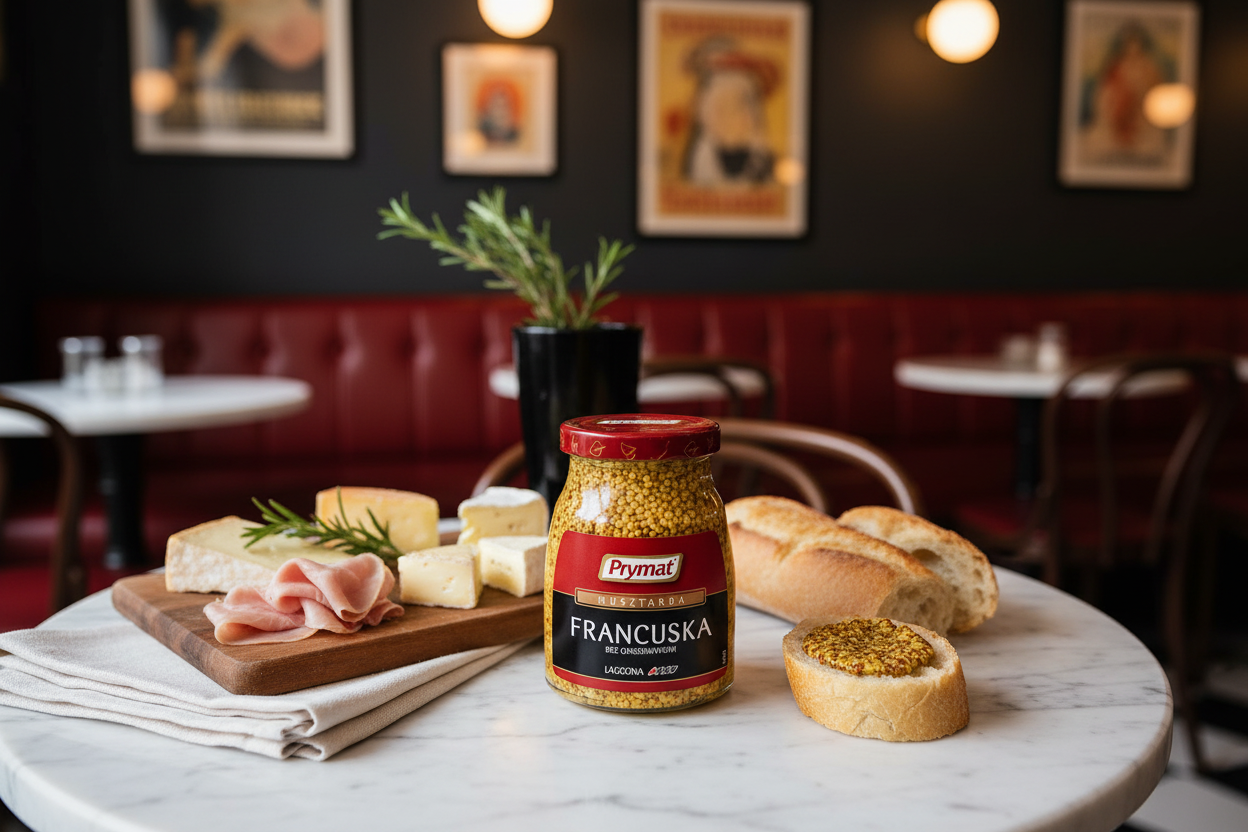 Prymat mild French mustard jar on a Parisian bistro table with baguette, charcuterie and soft bistro lighting