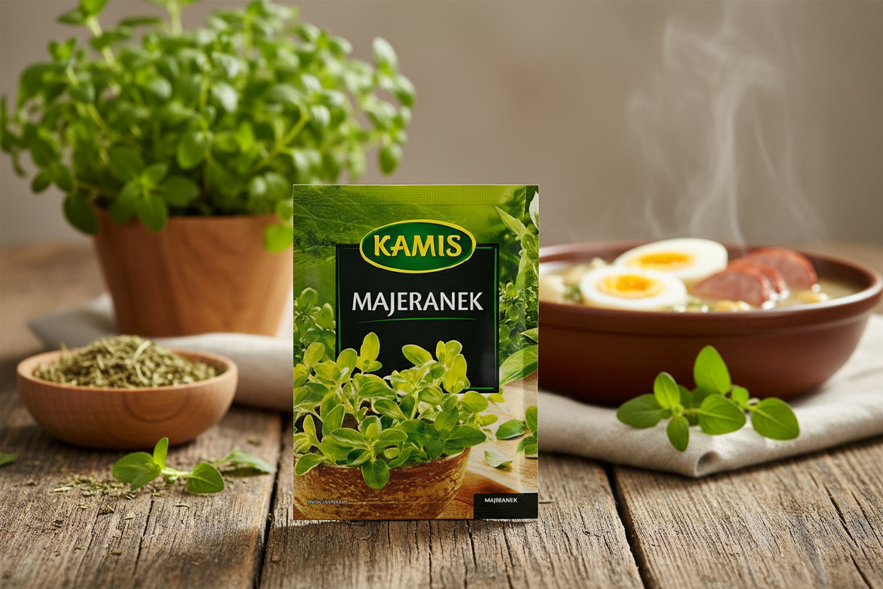 Kamis marjoram packet on a rustic wooden table with potted fresh marjoram plant and small wooden bowl of dried marjoram and steaming bowl of Polish żurek soup in the background