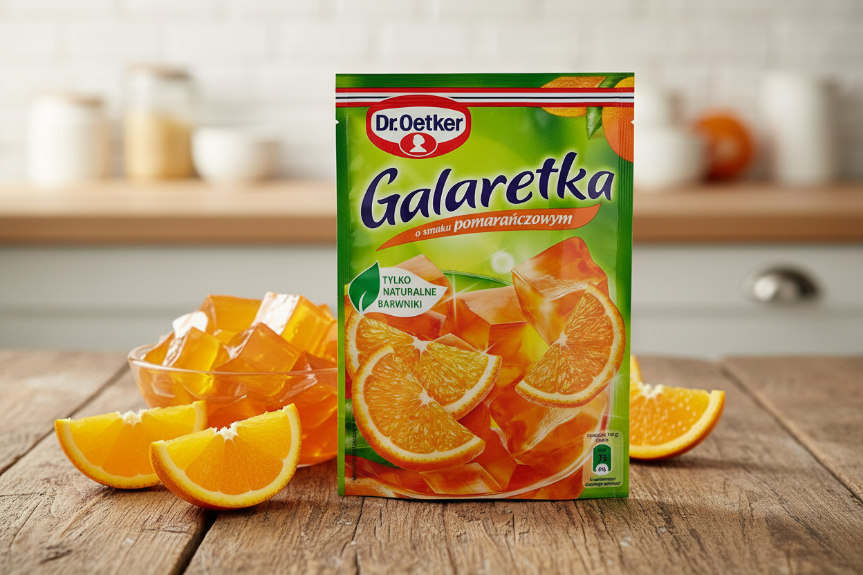 Dr. Oetker orange jelly packet beside a glowing amber orange jelly dessert with fresh orange slices