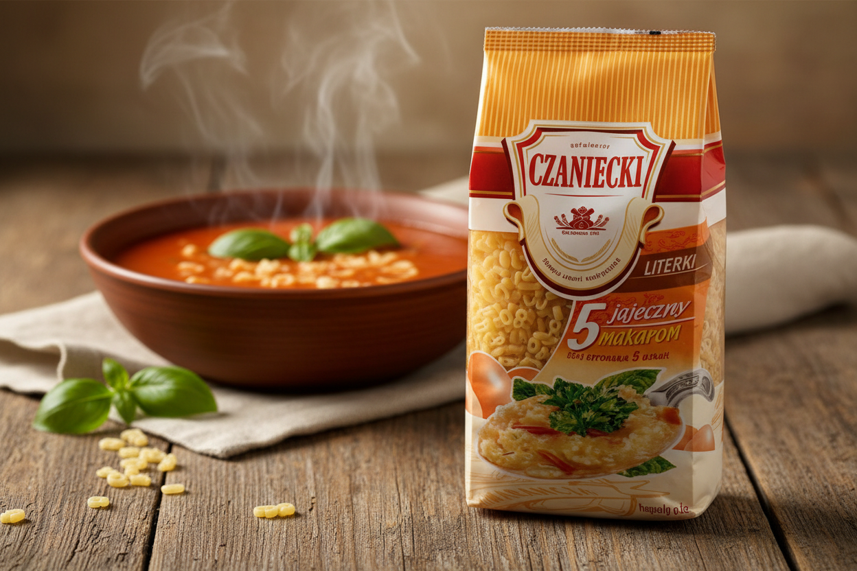 Czaniecki Literki 5-egg Polish alphabet pasta bag on a rustic wooden table with steaming bowl of rich Polish zupa pomidorowa tomato soup with tiny alphabet pasta letters floating on the surface and fresh basil leaves garnish in warm natural light
