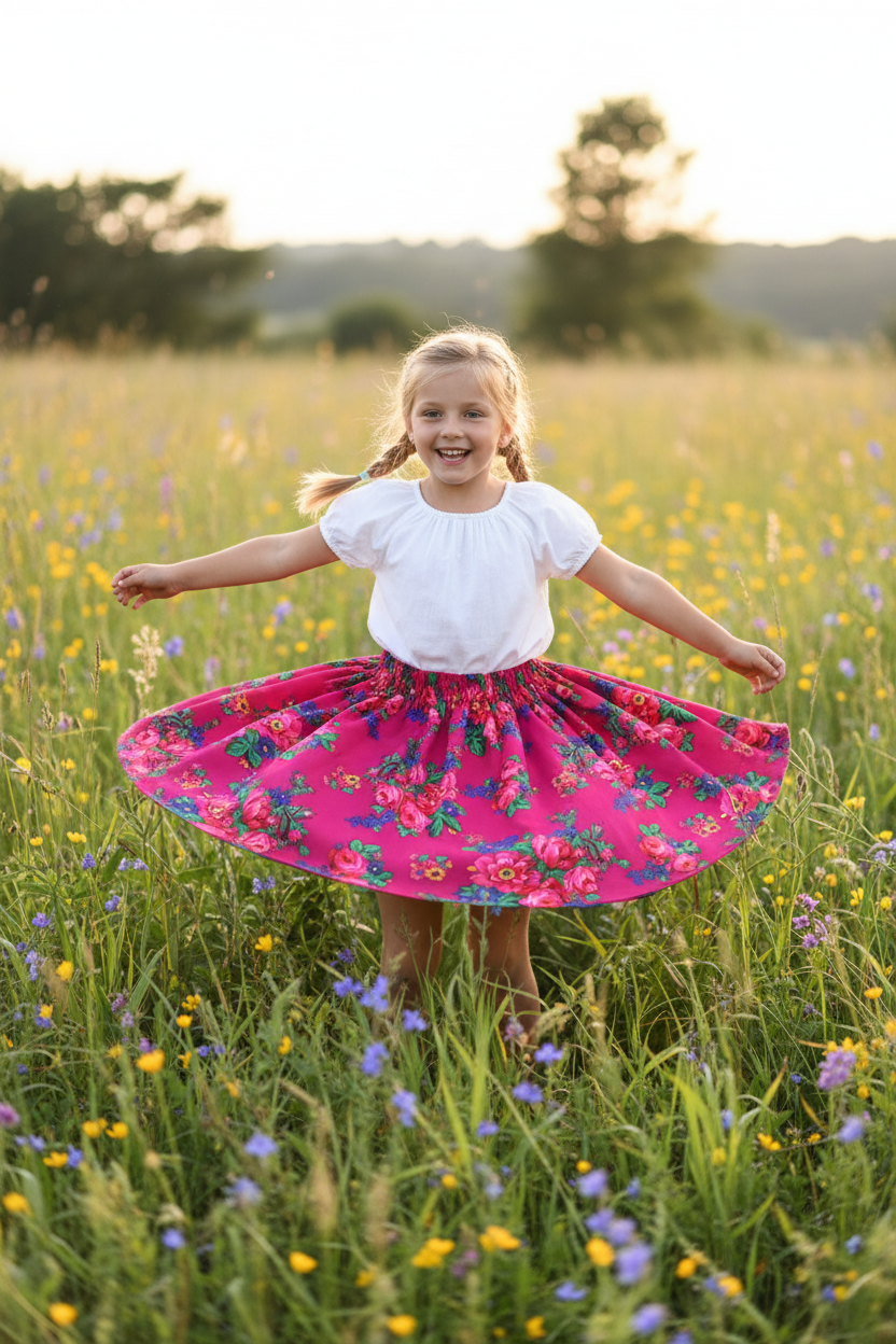 Young girl twirling in a vibrant hot pink Polish folk rose skirt in a sunny garden