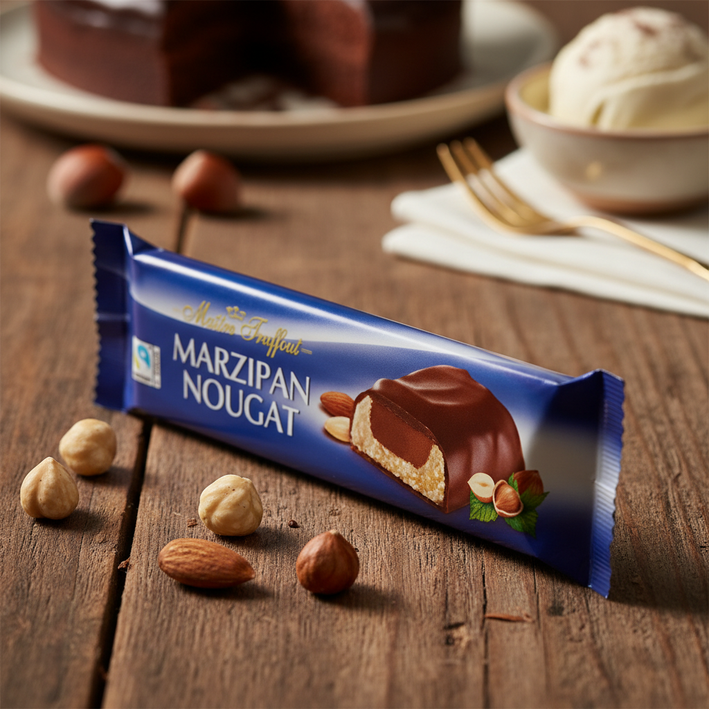 Maitre Truffout Marzipan Nougat Bar with realistic gourmet background