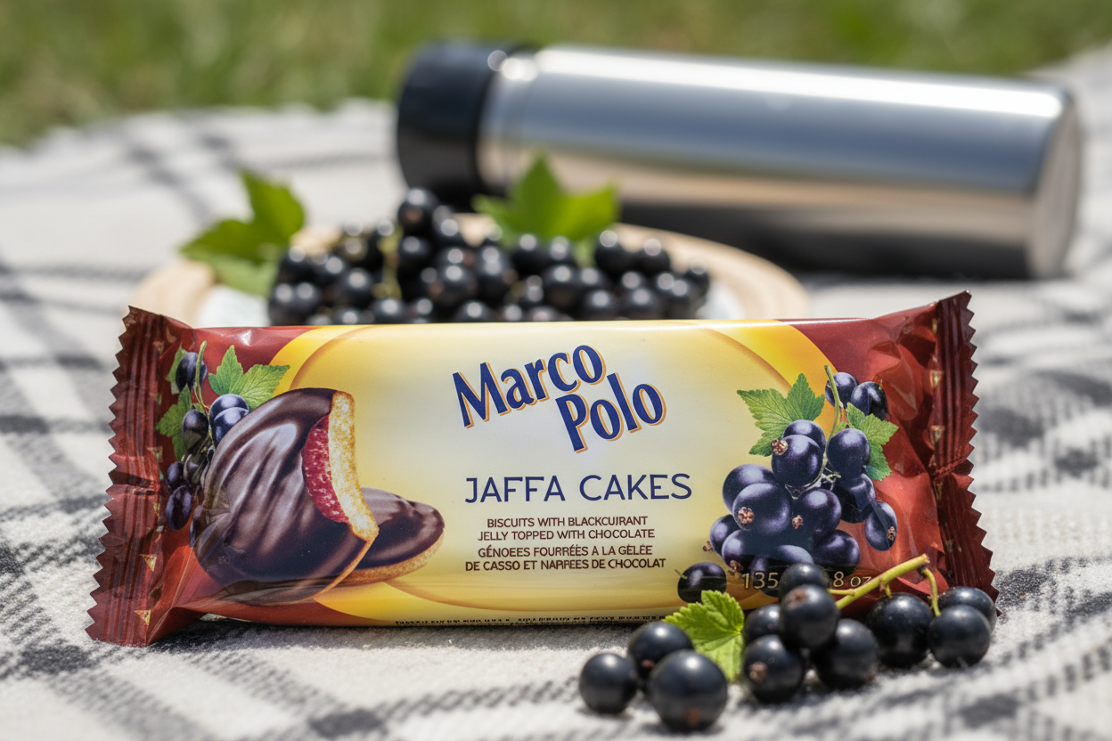 Marco Polo Jaffa Cakes blackcurrant on picnic blanket with fresh berries