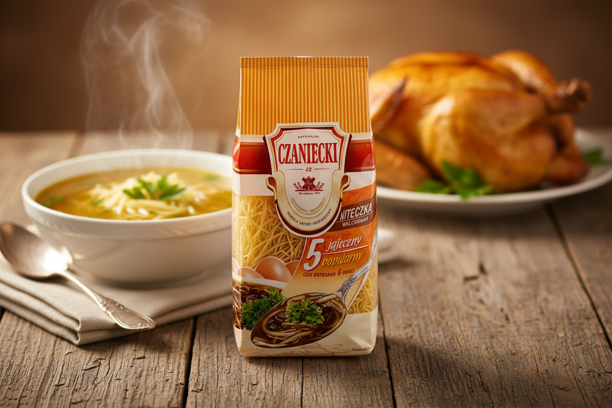 Czaniecki Niteczka 5-egg Polish soup noodles bag on a rustic wooden table with steaming bowl of golden Polish rosół chicken broth soup with delicate thin egg noodles and fresh flat-leaf parsley garnish with whole golden roasted chicken in the deep background in warm amber natural light