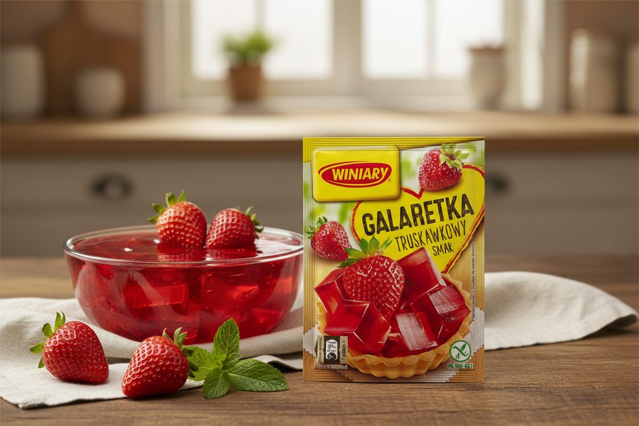 Winiary strawberry jelly packet on a wooden table with a vivid red strawberry jelly set in a glass dessert bowl with fresh whole strawberries and mint sprig alongside