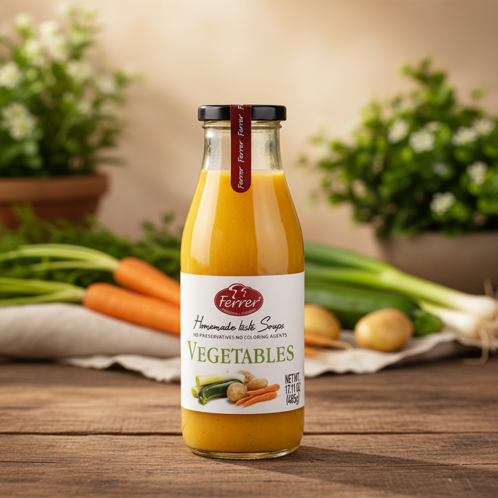 Ferrer Vegetables Homemade Irish Soup bottle with premium background