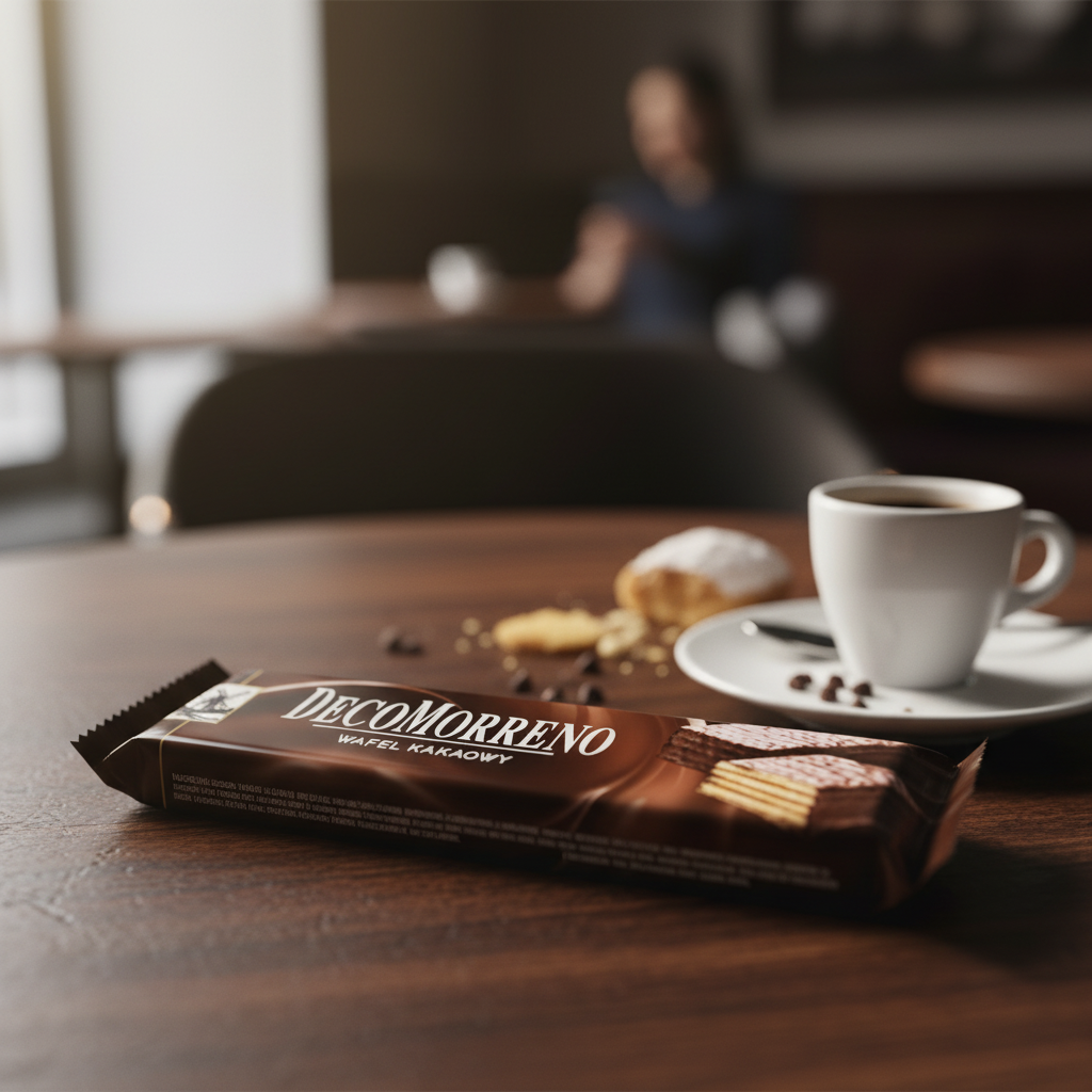 DecoMorreno Wafer Cocoa with realistic elegant cafe background