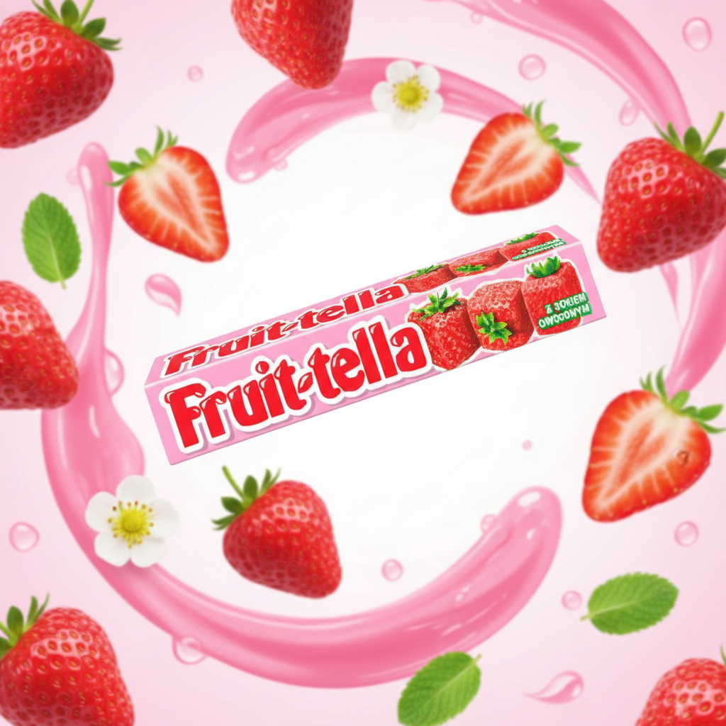 Fruit-tella Strawberry with fresh strawberry background