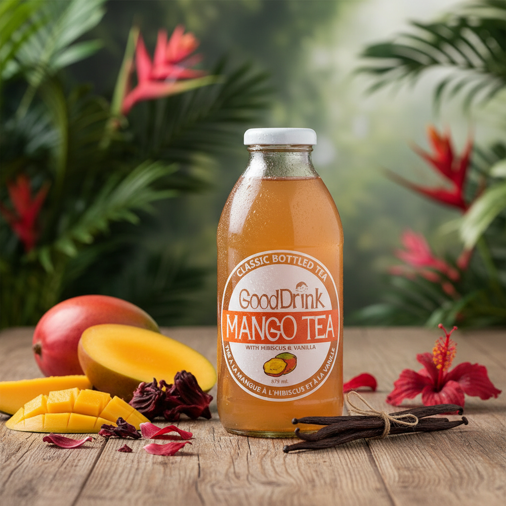 Good Drink Mango Tea Hibiscus & Vanilla bottle with premium background