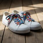 Folkstar Łowicz white folk shoelaces laced up on white canvas sneakers on a wooden floor