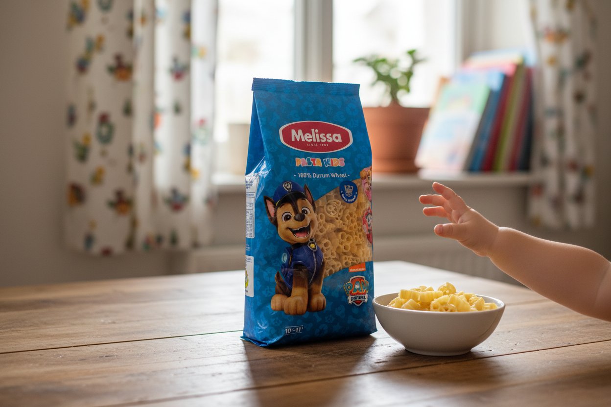 Melissa Pasta Kids Paw Patrol bag on a kitchen table with natural light