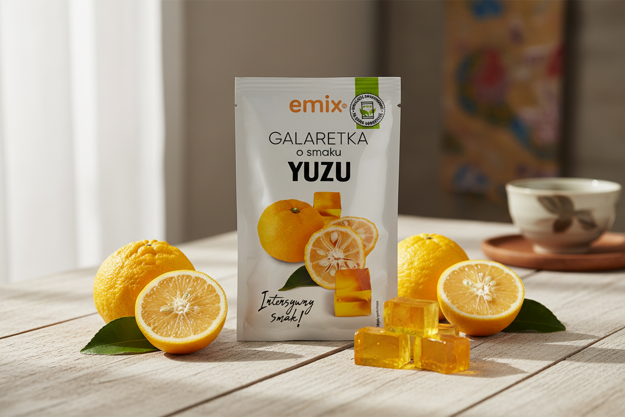 Emix yuzu jelly packet on a wooden surface with fresh yuzu citrus fruits and golden jelly cubes