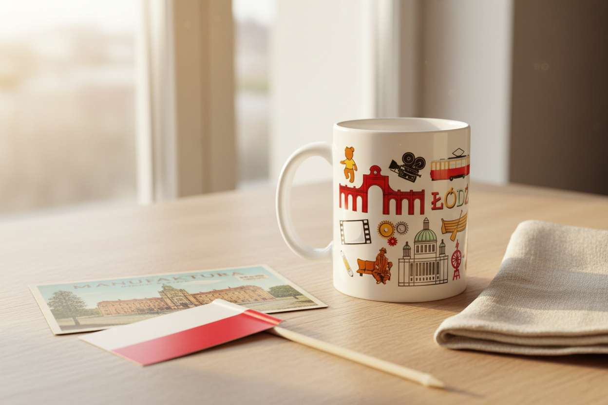Folkstar Łódź city mug lifestyle shot on wooden table with vintage postcard and Polish flag