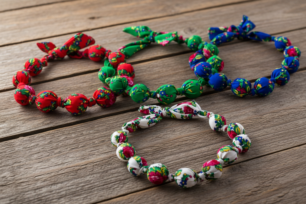 Four Polish folk art fabric bead necklaces in red, green, blue and white arranged on a rustic wooden surface