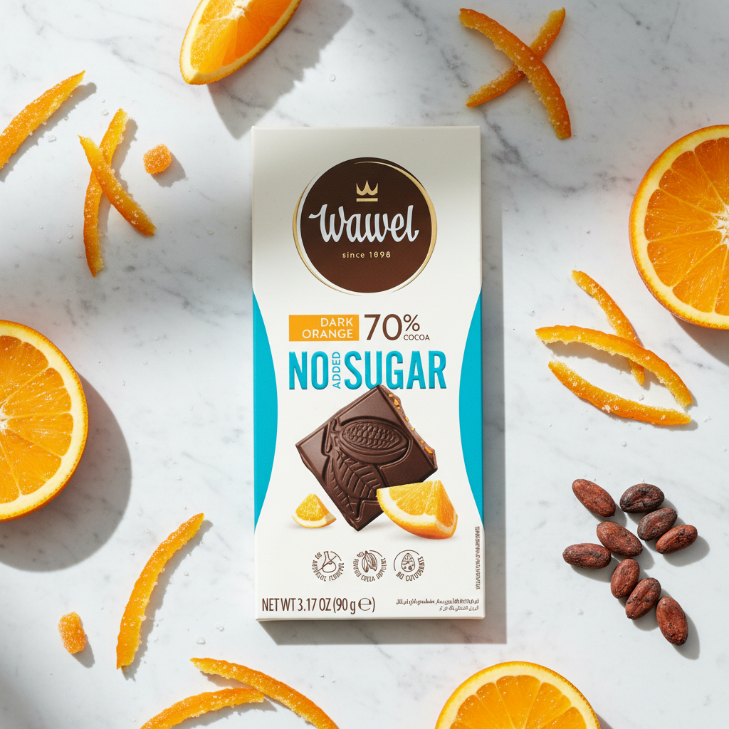 Wawel Dark Orange No Added Sugar bar on white marble with fresh orange slices and cacao beans