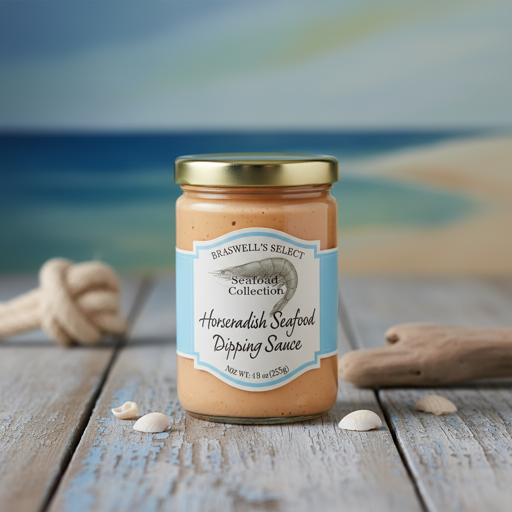 Braswell's Horseradish Seafood Dipping Sauce jar with premium coastal background