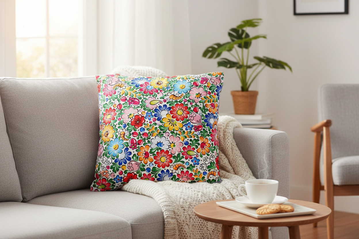 Folkstar Opole folk pillow on a light grey linen sofa in a cozy Scandinavian living room