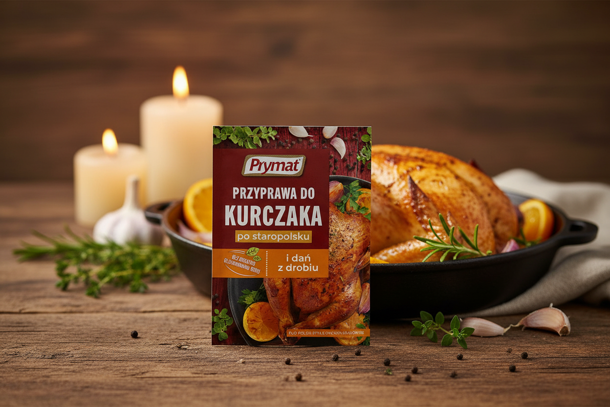 Prymat old Polish style chicken seasoning packet on a rustic wooden table with golden whole roast chicken on dark cast iron pan with orange slices fresh thyme and rosemary sprigs whole garlic cloves and golden pan juices in warm amber candlelight