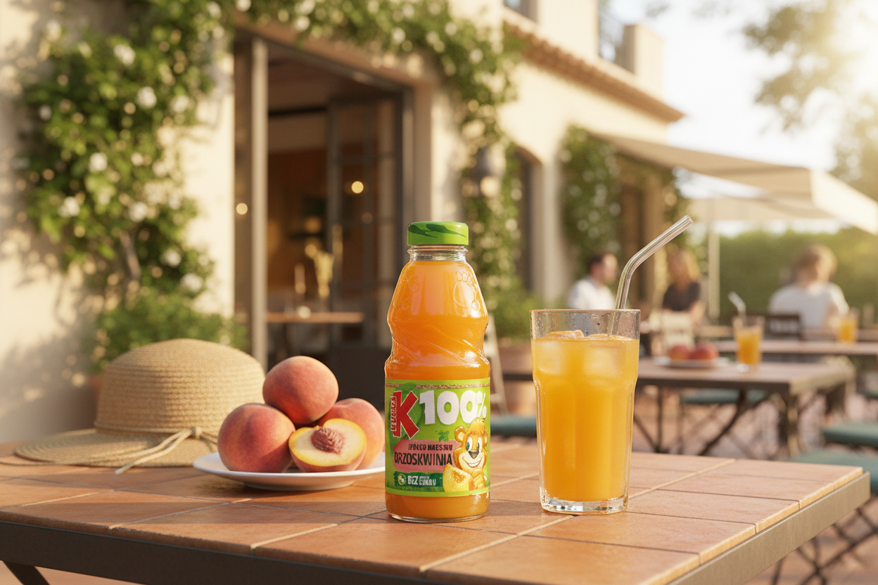 Kubus 100% Peach Juice on Mediterranean café patio with fresh peaches