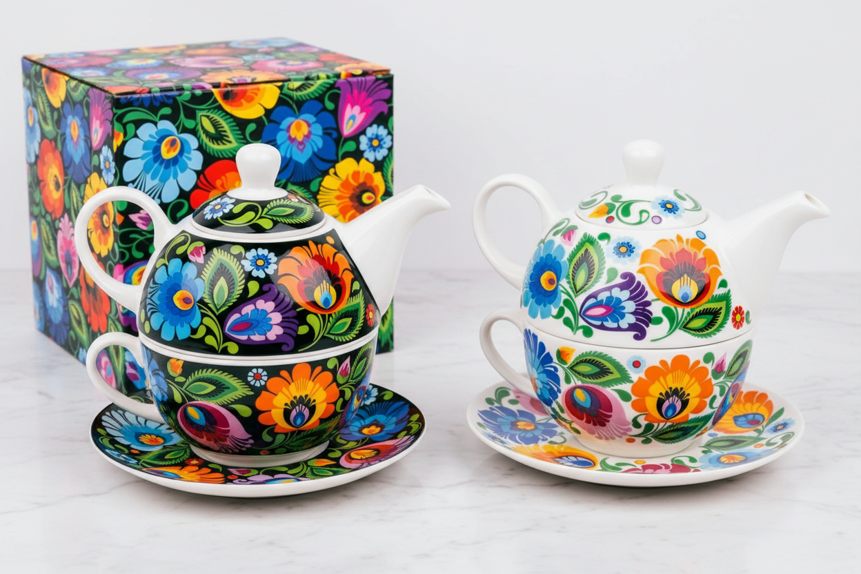 Both Folkstar Halinka tea-for-one sets displayed side by side on marble — black and white Łowicz folk floral designs with gift boxes