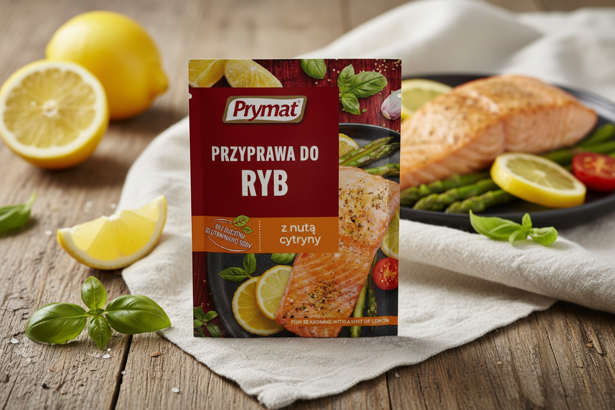Prymat fish seasoning with lemon packet on a rustic wooden table with golden baked salmon fillet with lemon slices and fresh asparagus spears alongside bright lemon halves and fresh basil leaves scattered artfully in warm bright natural light