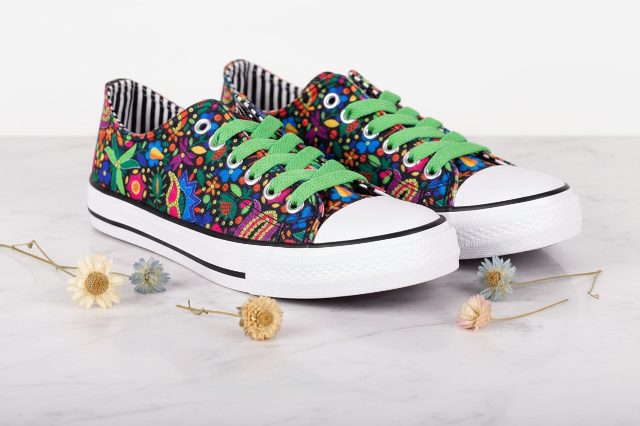 Folkstar Kraków folk sneakers on marble surface with dried wildflowers