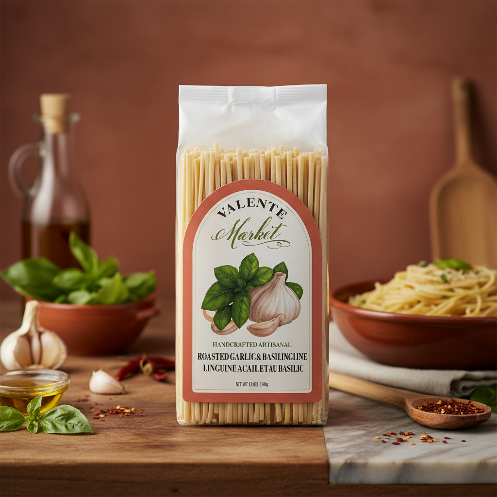Valente Market Roasted Garlic Basil Linguine package with premium background