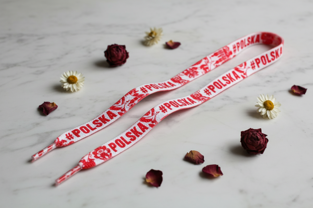 Folkstar #Polska shoelaces laid flat on marble surface with red and white flowers